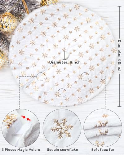 COOLWUFAN 60 Inches Faux Fur Christmas Tree Skirt for Xmas Tree Holiday Party Decoration White Plush Gold Sequin Snowflake (Gold)