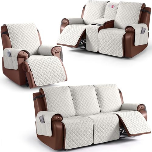 KinCam 100% Waterproof Recliner Loveseat Cover with Console X1, Recliner Couch Covers X1, Recliner Chair Covers X1(Beige White)