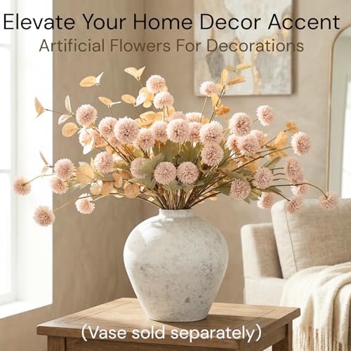Artificial Flowers for Vase - Beige Silk Mums 10 Long Stems with Eucalyptus, Faux Flowers Home Decor, Neutral Tan Cream Floral Arrangement, Fake Chrysanthemum Pom Pom Stems, Summer Fall Centerpiece