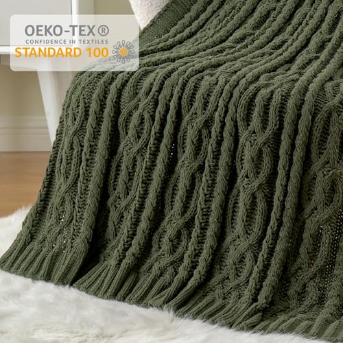 Battilo Olive Green Throw Blanket for Couch, Chunky Cable Knit Blanket, Woven Soft Cozy Chenille Throw Blanket for Bed, Sofa, Chair, Living Room, 51"x67"