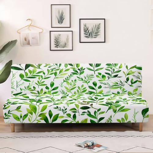 GLENLCWE Green Watercolor Leaves Armless Futon Cover Elastic Bottom Non-Armrest Couch Slipcover Washable Foldable Furniture Protector Fresh Natural Leaf Pattern for Living Room Loveseats