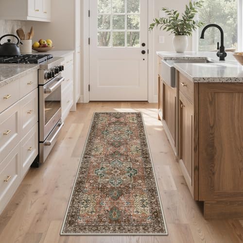 GENIMO 2.5x7 Non Slip Runner Rug, Washable Long Hallway Terracotta Sage