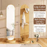 Floor-Standing Solid Wood Rotating Coat Rack，Full Length Mirror with Coat Rack Wood Floor Mirror with Wheels 360° Rotation 2 in 1 Full Body Mirror and Coat Rack for Living Room Bedroom Apart