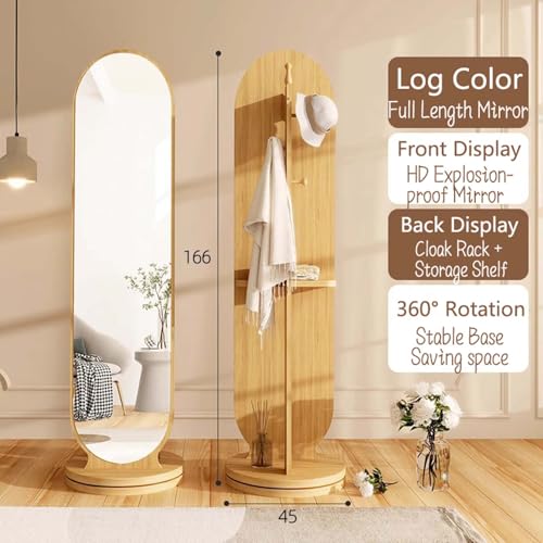 Floor-Standing Solid Wood Rotating Coat Rack，Modern 2 in 1 Wood Floor Mirror with Coat Rack Full Length Mirror with Hooks and Storage Shelf for Living Room and Bedroom