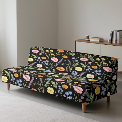 GLENLCWE Black Wildflowers Print Armless Futon Cover Stretch Elastic Bottom Non-Armrest Couch Slipcover Durable Furniture Protector Colorfiul Floral Style for Living Room