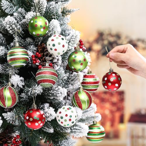 Liliful 12 Pcs 2.4 Inch Christmas Ball Ornaments Glittering Plastic Hanging Decorations Elf Balls Swirl Candy Cane Peppermint Red and Green Christmas Tree Pendants for Xmas Tree Decoration