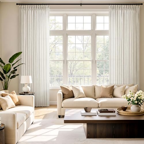 MIULEE 96 Inches Long Pinch Pleated Natural Linen Curtains 2 Panels Set for Bedroom Living Room, Viral Pleat Semi Sheer Drapes Light Filtering Textured Sheer Curtains with Hooks Floor to Ceiling
