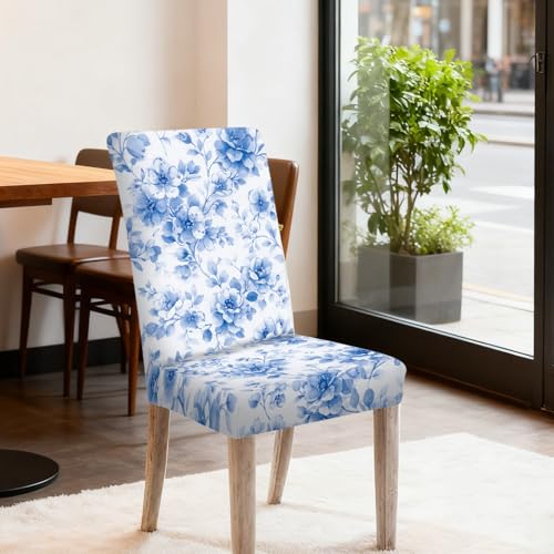 Nuxovilar Dining Chair Covers Blue Floral Watercolor Pattern Milk Silk 23.6x66.9 Inches Dining Chair Covers Set Cover for Area Kitchen Classic Home