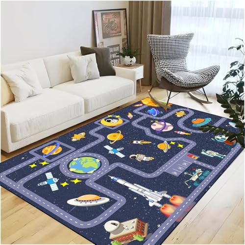 Outer Space Kid Rug，Boys Car Rug for Kids Toy Cars Have Fun Safely, Non-Slip Educational City Road Rugs Carpets for Kid Room Bedroom（47×31 in
