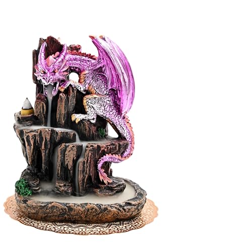 Dragon Backflow 2 Sided Mountain Waterfall Incense Burner,Fountain Smoke Incense Holder with Backflow Incense Cones, Tweezers, Mat，Resin Aromatherapy Meditationvaiuk (Purple)