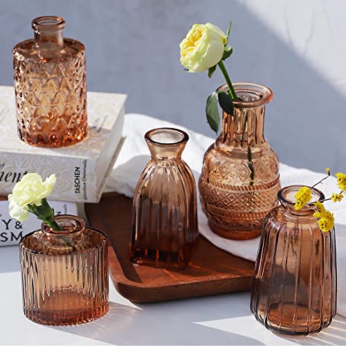 Amber Glass Bud Vases -Set of 20 for Flowers, Small Amber Bud Vases in Bulk for Centerpieces Decor, Mini Glass Set for Home Table Decorations