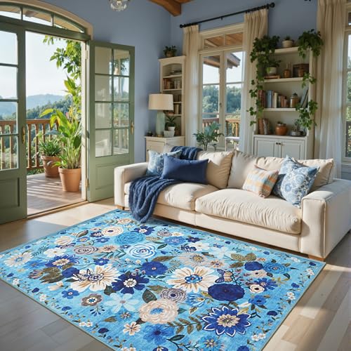 Blue Floral Area Rug 4x6 for Bedroom Dining Room