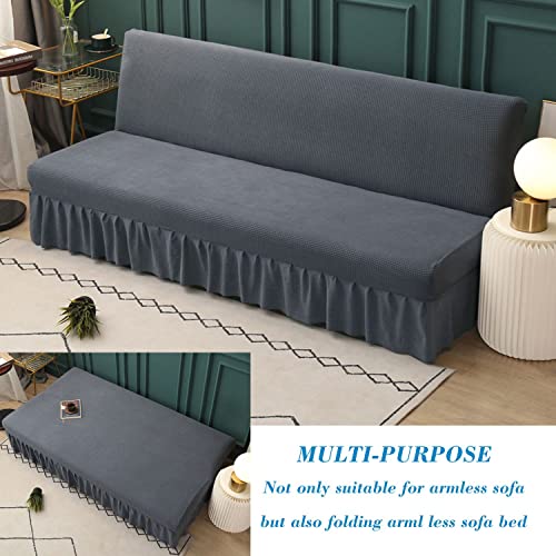 HFCNMY Stretch Armless Futon Cover with Skirt Knitted Jacquard Futon Sofa Bed Cover Machine Washable Futon Couch Cover Futon Sofa Cover Furniture Bed Protector with Elastic Bottom (Dark Gray)