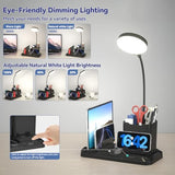 KDD Desk Lamp with USB A&C Charger Ports - Reading Desktop Light with Pen & Phone Holder - Adjustable Brightness Lights with Device Slots - 360°Gooseneck Table Lamp for Home Office College Dorm Room