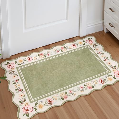 Lahome Floral 2x3 Rug, Green Kitchen Rugs Ultra-Thin Washable Indoor Mats for Entryway Non-Slip, Boho Scalloped Stain Resistant Small Throw Rugs for Bathroom Bedroom Ariele（Green）