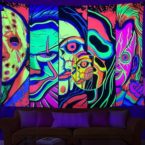 ARTCREATOR Black Light Art Halloween Wall Decor Trippy Blacklight Horror Face Tapestry, UV Reactive Tapestries Glow in The Dark Party Tapestry for Bedroom, Living Room (29" x 37")
