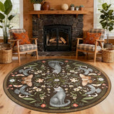 GarveeHome Round Area Rugs 6ft for Bedroom, Cat Brown Washable Circle Rug Soft Non Slip Mushroom Floral Floor Mat Carpet Indoor Thin Rug for Bedroom Dining Room Playroom Nursery Gothic Decor