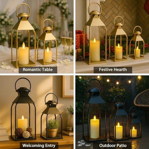 Decorative Metal Lanterns Indoor Outdoor, Candle Holder for Porch, Patio, Fireplace, Floor, Wedding, Christmas, Fall, Holiday, Farmhouse Table Centerpiece (Black, Set of 3 20" 15.7" 12")