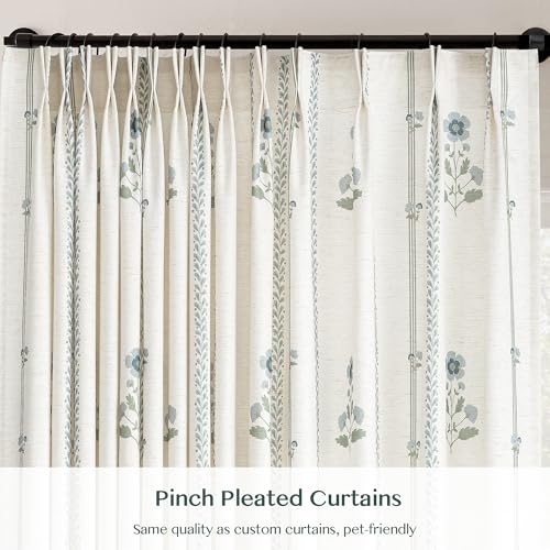 Pinch Pleated Curtains for Living Room Bedroom Dining Room - 84 Inches Light Filtering Floral Curtains Luxury Linen Drapes Farmhouse Window Curtains with Hooks - 2 Panels Set, 40" W x 84" L