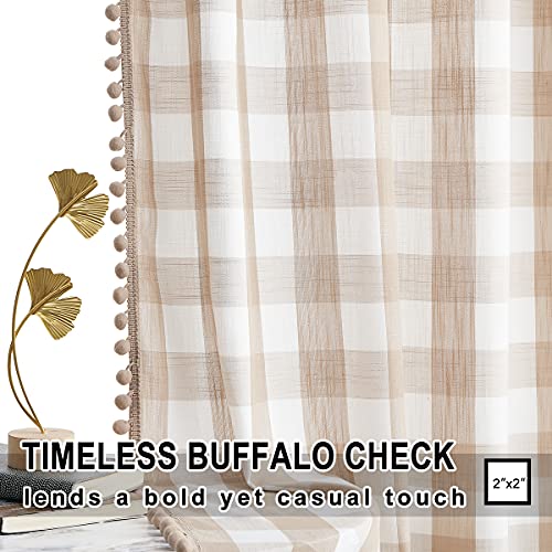 Treatmentex Buffalo Check Curtains 84inch Farmhouse Pom Pom Drapes for Living Room Vintage Gingham Plaid Semi Sheer Tan Window Curtains for Bedroom Kitchen 2 Panels Rod Pocket Taupe and White