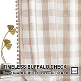 Treatmentex Buffalo Check Curtains 84inch Farmhouse Pom Pom Drapes for Living Room Vintage Gingham Plaid Semi Sheer Tan Window Curtains for Bedroom Kitchen 2 Panels Rod Pocket Taupe and White