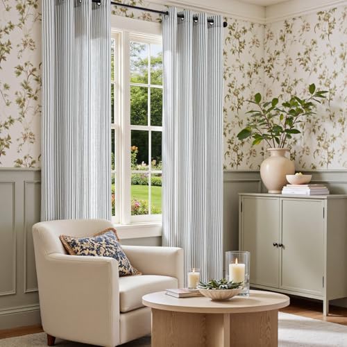 Vangao Linen Striped Curtains for Living Room Bedroom Farmhouse Tickingstripe Light Filtering Window Curtains Printed Drapes Grommet Top 2 Panels Blue W50 x L84 Inch