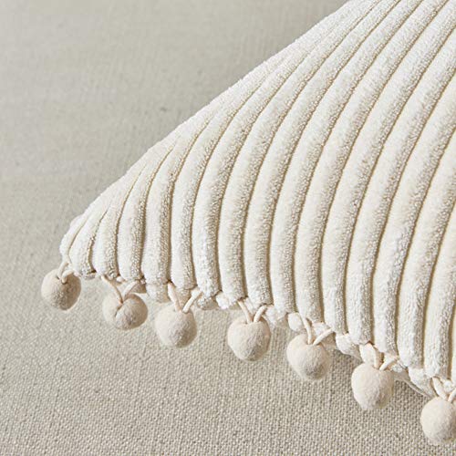 Fancy Homi Pack of 2 Boho Rectangle Decorative Throw Pillow Covers with Pom-poms, Soft Corduroy Accent Solid Cushion Case Set for Couch Sofa Bedroom Car Living Room (12x20 Inch/30x50 cm, Cream)