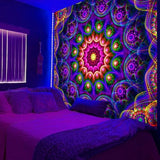 PSYHILAR Blacklight Trippy Mandala Tapestry, Boho Black Light Posters for Adults UV Reactive Room Decor for Bedroom Wall (60 x 50 Inches)