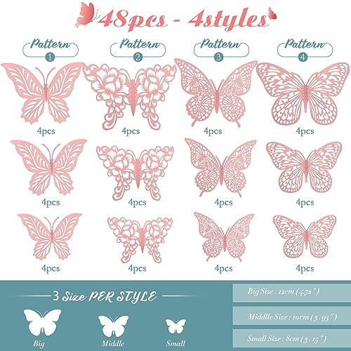 3D Pink Butterfly Wall Decor 3 Sizes 4 Styles Butterfly Party Decorations Cake Decorations Removable Stickers Wall Decor Room Mural Metallic Kids (Pink, 48Pcs)