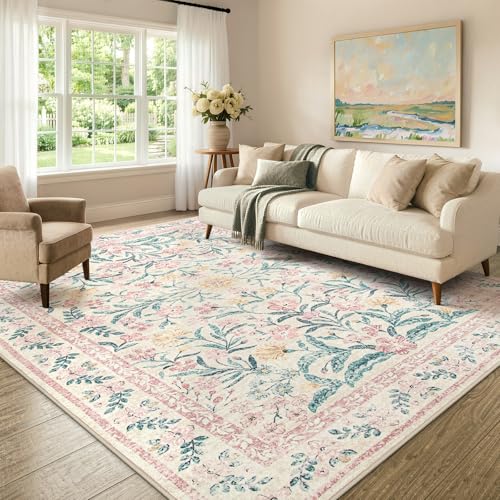 Pink Area Rugs for Living Room 9x12, Washable Boho Floral Large Rug for Bedroom, Soft Non-Slip Thin Carpet for Nursery Playroom Dorm Dining Room Girls Home Decor
