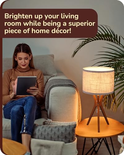 EDISHINE Mid Century Table Lamp, 17.5" Tripod Bedside Lamp with Deep Wood Color Light Base & Beige Linen Lampshade, Nightstand Lamp for Bedroom, Living Room, Reading Room, E26 Base