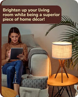 EDISHINE Mid Century Table Lamp, 17.5" Tripod Bedside Lamp with Deep Wood Color Light Base & Beige Linen Lampshade, Nightstand Lamp for Bedroom, Living Room, Reading Room, E26 Base