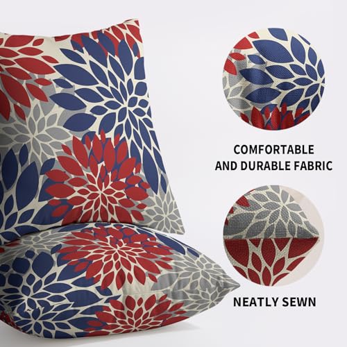 4th of July Pillow Covers 18X18 Inch Set of 2, Patriotic Blue Red Grey Modern Dahlia Floral Print Holiday Decorative Throw Pillow Covers Outdoor Farmhouse Cushion Case for Couch Sofa Bed Decor