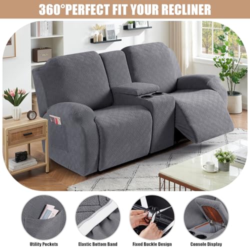 VANSOFY Recliner Loveseat Cover with Middle Console Stretch Reclining Sofa Slipcover for 2 Seat Jacquard Reclining Couch Sofa Covers Furniture Protector with Elastic Straps Bottom (Dark Gray)