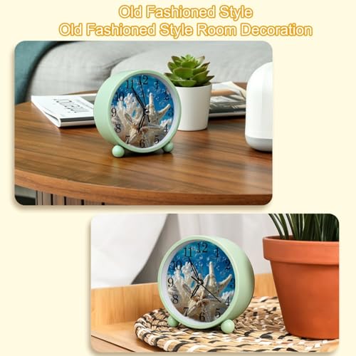 Underwater Ocean Coral and Starfish Silent Analog Alarm Clock with Light, Easy to Set Gentle Wake Bedside Table Clock, Battery-Operated, Suitable for Home, Dorm, Office Desk, (Green, 4.3 Inch)