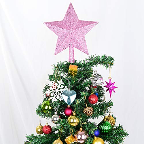 10 Inch Christmas Tree Topper, Pink Star Tree Topper Glittered Christmas Tree Decorations for Indoor Home Décor (Pink)