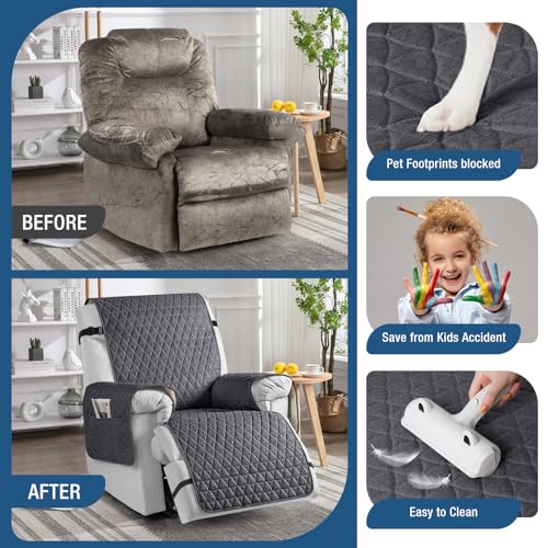 TAOCOCO 100% Waterproof Recliner Chair Covers, Non Slip Recliner Covers that Stay in Place, One-Piece Washable Reclining Chair Cover with Elastic Straps, Black Grey, Fits 22" Seat Width