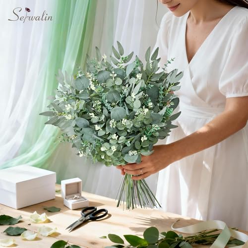 Serwalin Artificial Greenery Stems, Faux Eucalyptus Stems Bulk with Fake Leaves, Mixed Greenery for Centerpieces and Vase, Artificial Eucalyptus Plants for DIY Flower Wedding Home Decor