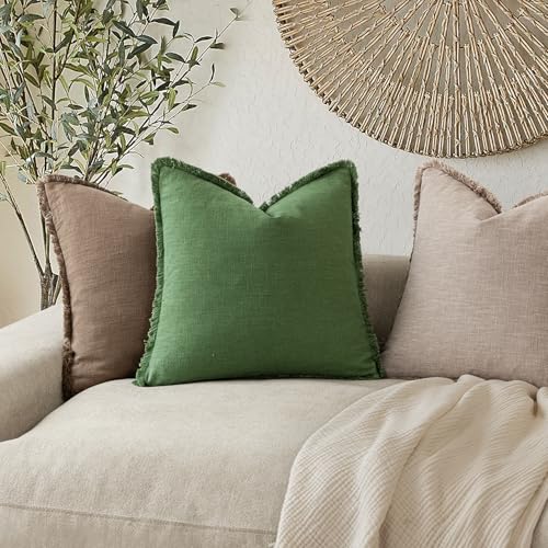 Foindtower Decorative Linen Fringe Throw Pillow Covers 22×22 Forest Green