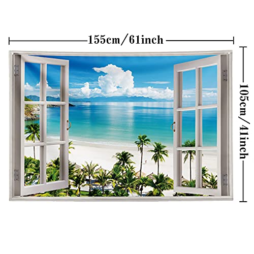 GOURIDA Ocean Beach Tapestry Wall Hanging Blue Sea Tropic Island Paradise Summer Coconut Tree Palm Seaside Window Nature for Bedroom Aesthetic ,61 W x 41 H inch