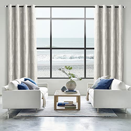 Beige and Silvery 100% Blackout Jacquard Geometric Pattern Curtains,52 Inch Wide 84 Inches Long 2 Panels, Thermal Insulated Noise Reducing Anti-Rust Grommet Drapes for Bedroom Living Room, Cream