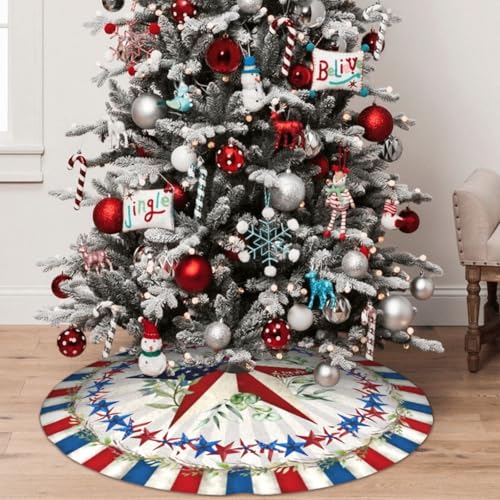 Patriotics 4th of July Tree Skirt Skirt Memorial Day Stars and Stripes Christmas Tree Skirts Veterans Day Xmas Tree Mat Christmas Tree Ornaments Decoration 30"