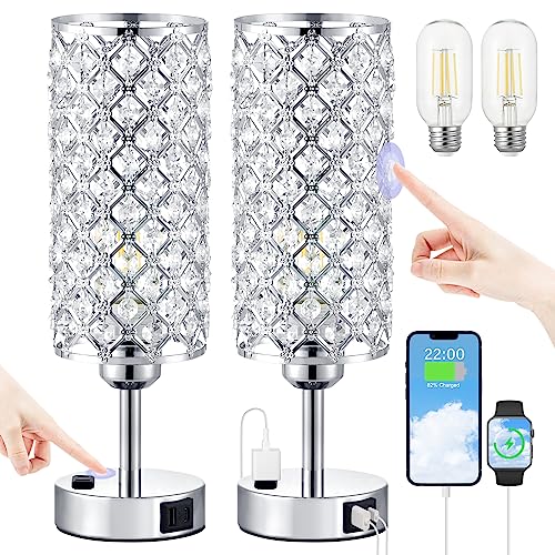 Hong-in Crystal Lamp Touch Control Set of 2, Sliver Crystal Table Lamps with USB C+A Ports & AC Outlet, 3-Way Dimmable Nightstand Touch Lamp, Modern Bedside Table Lamp for Bedroom(Bulbs Included)