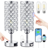 Hong-in Crystal Lamp Touch Control Set of 2, Sliver Crystal Table Lamps with USB C+A Ports & AC Outlet, 3-Way Dimmable Nightstand Touch Lamp, Modern Bedside Table Lamp for Bedroom(Bulbs Included)