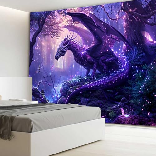 MERCHR Purple Dragon Tapestry Medieval Fantasy Animal Cool Tapestry Wall Hanging for Bedroom Aesthetic, Psychedelic Magic Forest Tree Tapestries for Living Room Dorm Decor 60x40 Inch