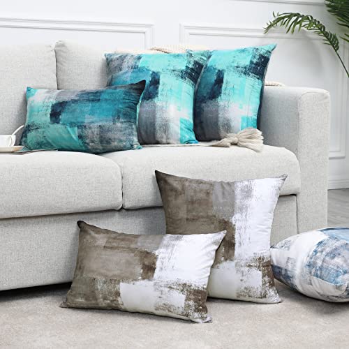 Set of 2 Turquoise and Grey Art Artwork Contemporary Decorative Gray Home Decorative Throw Pillow Covers Cushion Covers for Bedroom Sofa Living Room 18X18 Inches