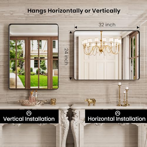 JISOSO Black Bathroom Mirror Wall Mounted Vanity Mirror with Rounded Corner Metal Framed, Tempered Glass, Anti-Rust(Horizontal/Vertical), 22 x 30 Inch