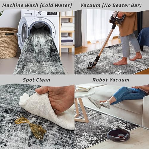 Square Rug 3x3 for Entryway Washable – Non-Slip Small Throw 3ft Area Rug for Kitchen Bathroom – Modern Neutral Abstract Soft Low-Pile Indoor Carpet (Black Grey, 3ft)
