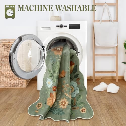 Lahome Floral Rugs for Entryway, 2X3 Washable Kitchen Rugs Ultra-Thin Soft Rug, Non Slip Indoor Door Mat Stain Resistant Boho Small Flore Throw Carpet for Bathroom Bedroom (2x3ft,Green)