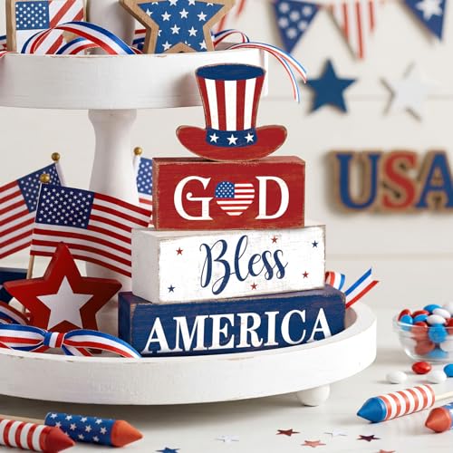 Moucuny 4 Pcs 4th of July Decorations Patriotic Memorial Day Table Decorations God Bless America Red White Blue Table Centerpieces Sign for Office Home Shelf 250th Anniversary